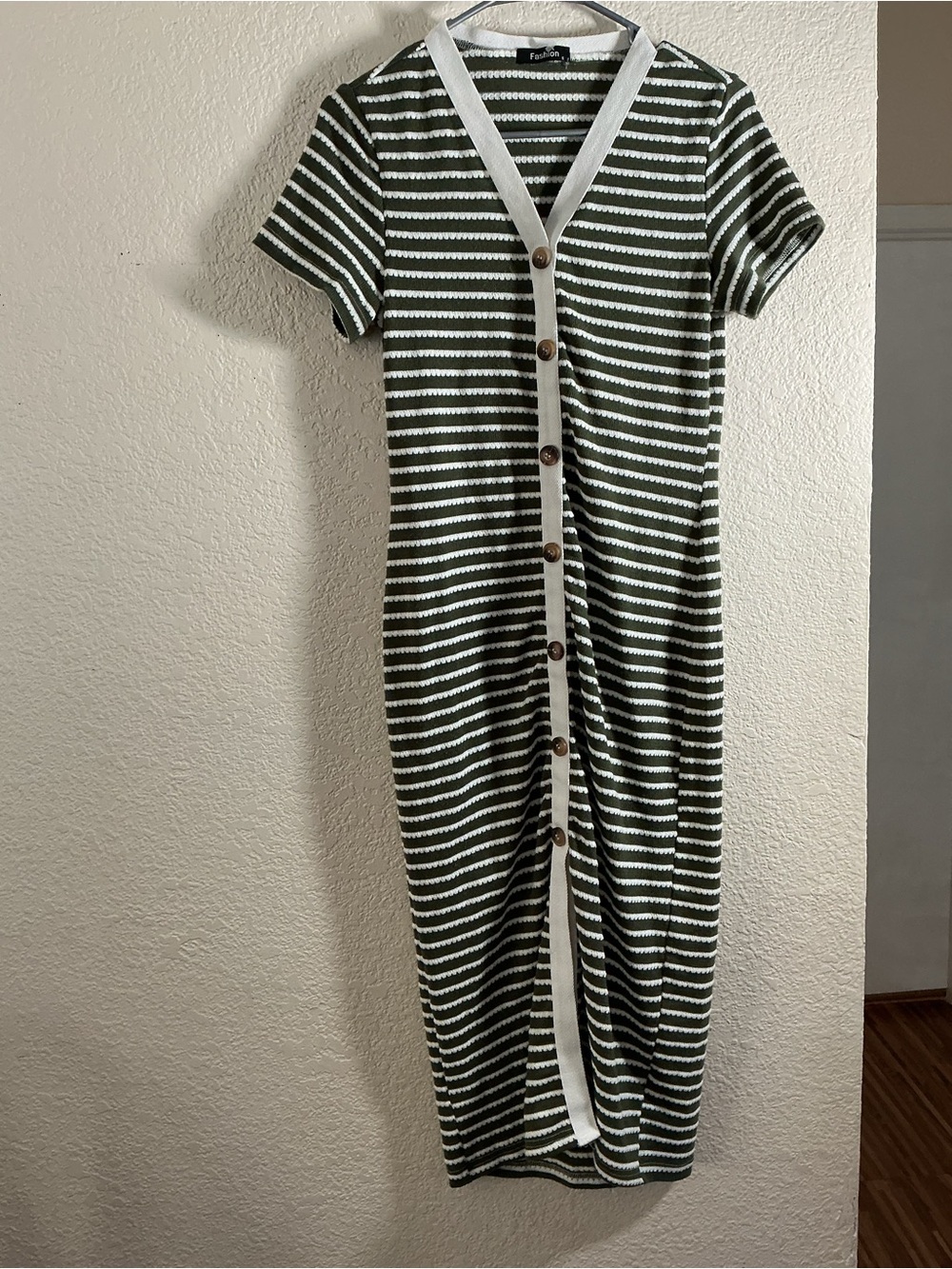 Army Green & White Striped Midi Dress
